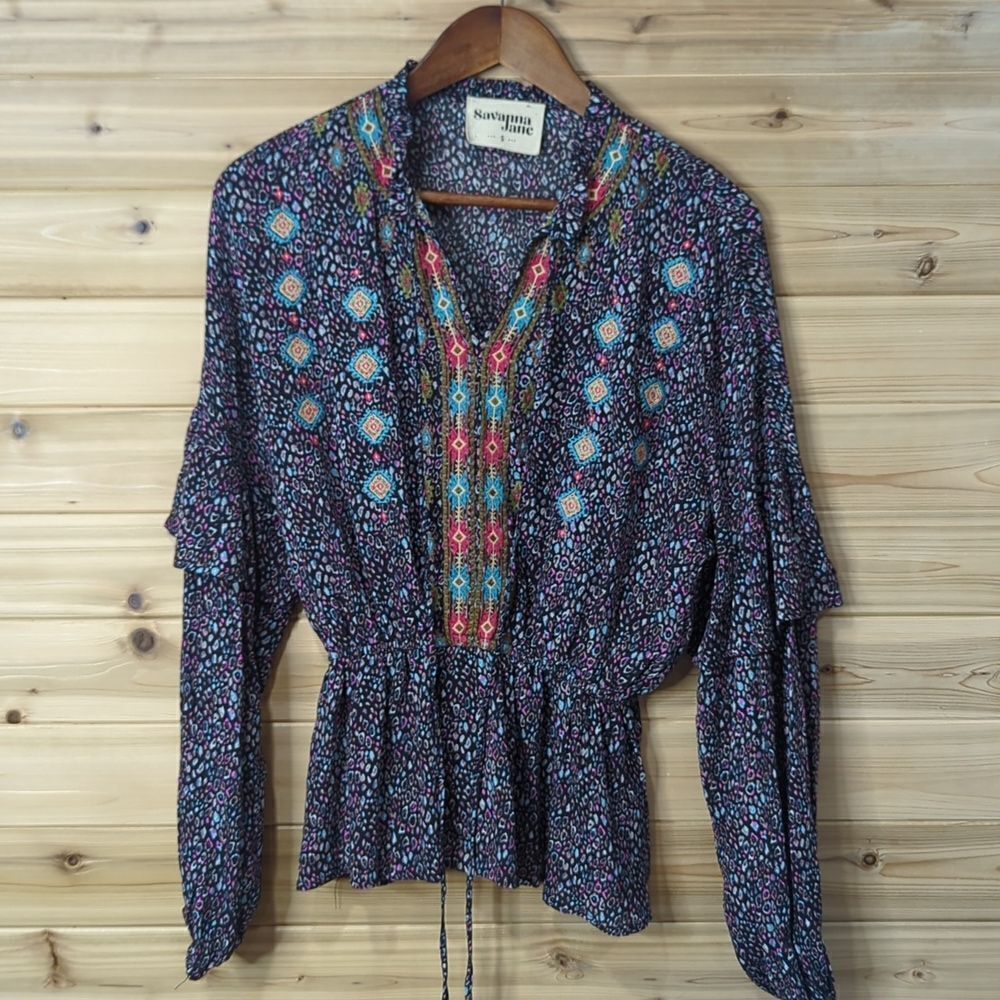 Savanna‎ Jane Top Womens Small Multicolor Boho Long Sleeve Blouse Embroidered
